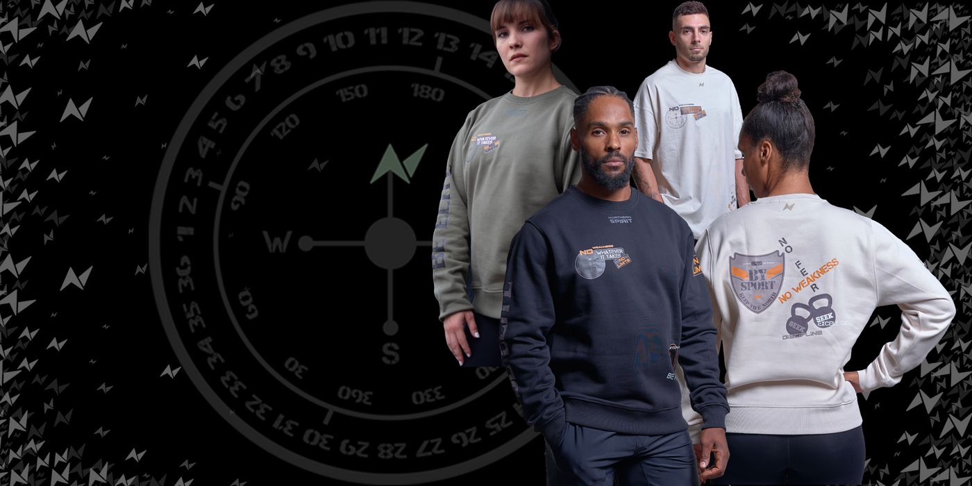 LIMITED EDITION BSKN MILITARY PATCHWORK - 4 athletes dressed in the regular sweatshirt and the oversized t-shirt.