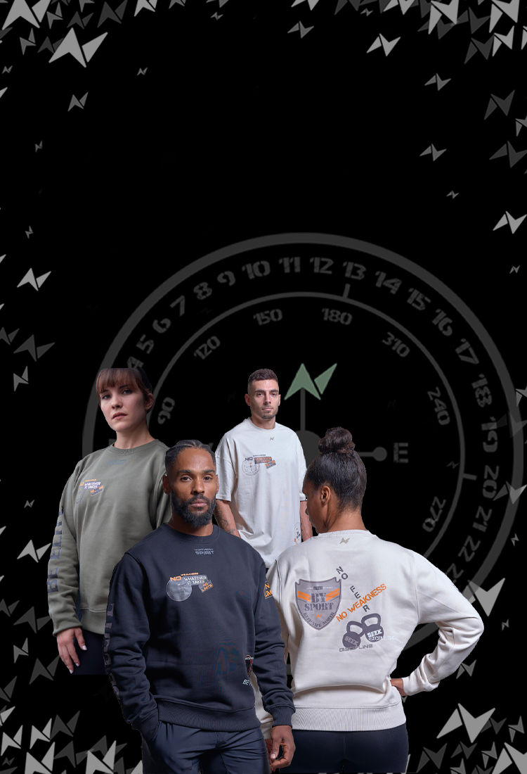 LIMITED EDITION BSKN MILITARY PATCHWORK - 4 athletes dressed in the regular sweatshirt and the oversized t-shirt.